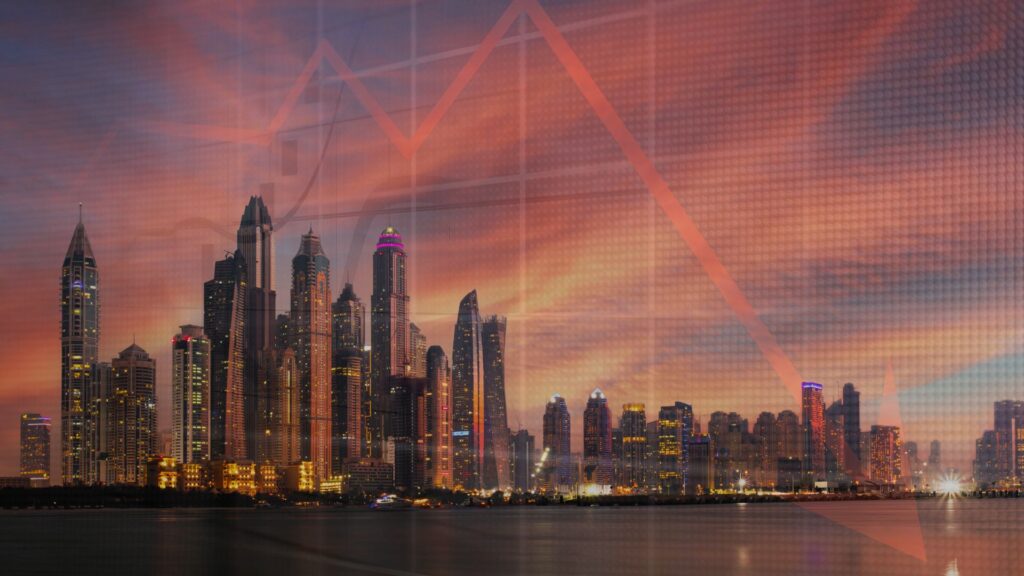 Modern city skyline with financial data overlay at sunset.