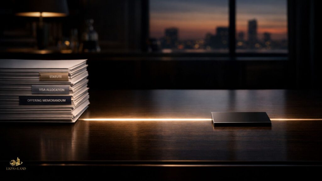 Office desk with documents and city skyline, related to real estate investment and EB-5 visa options.