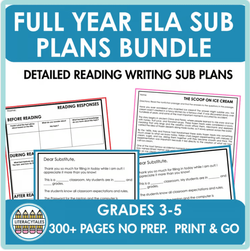 Full-year emergency ELA sub plans bundle for grades 3–5 with 300+ print-and-go pages
