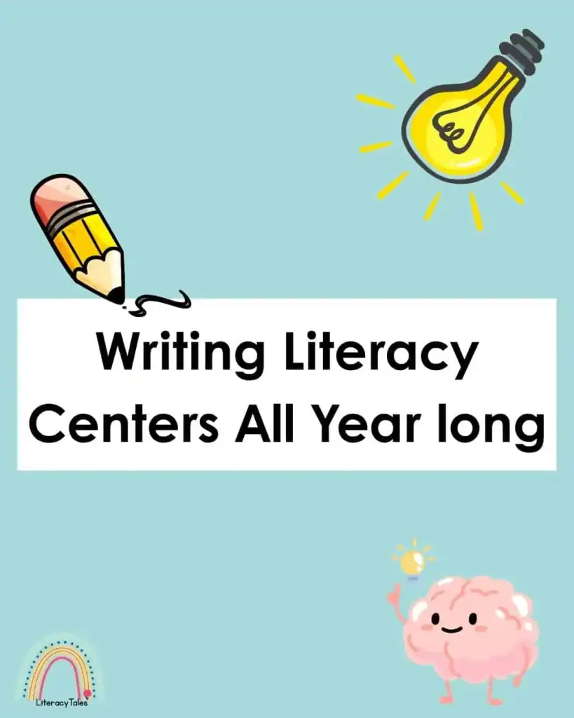 Engaging illustration of a pencil, lightbulb, and brain for stress-free writing centers.