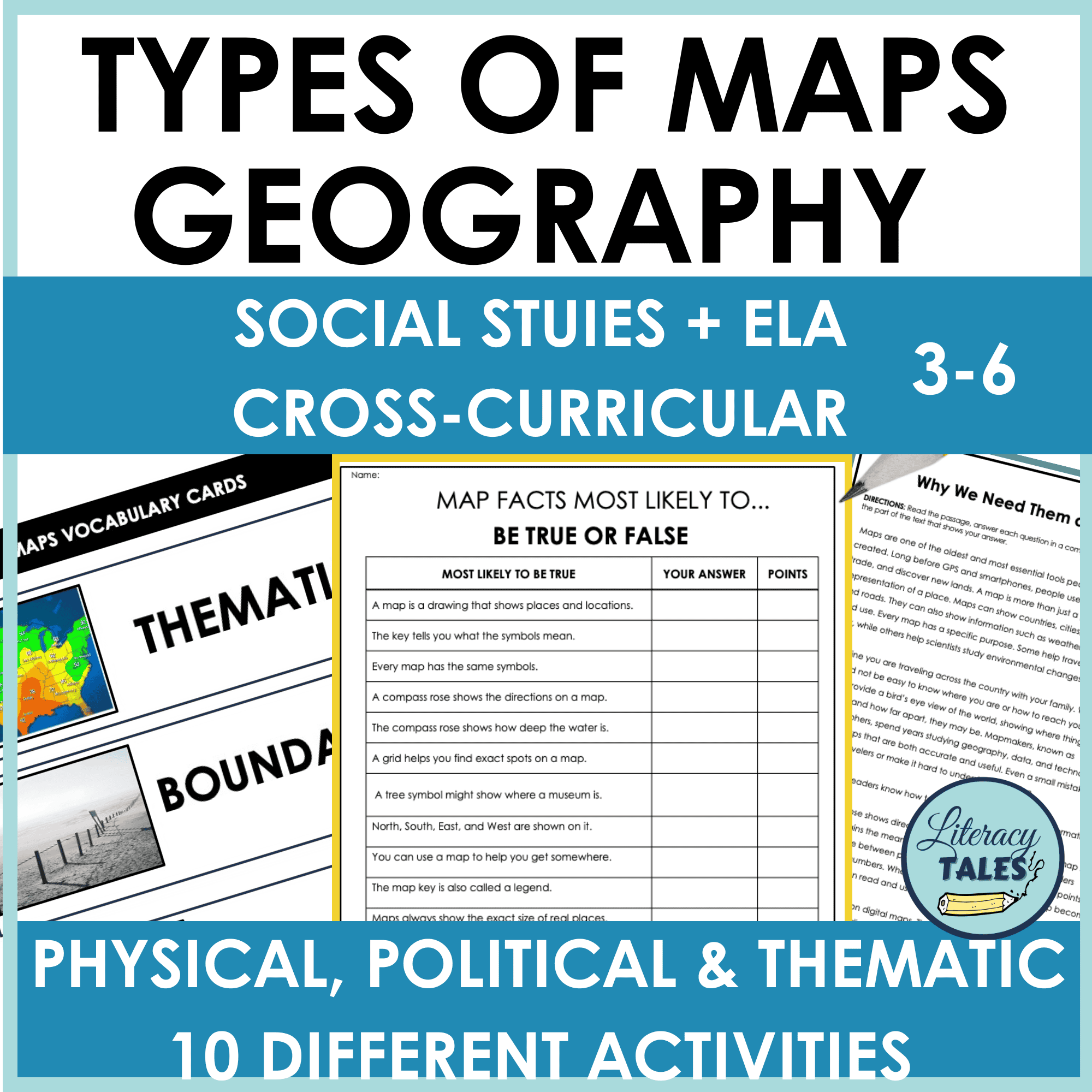 Educational worksheet on different map types, features, and activities for social studies lessons.