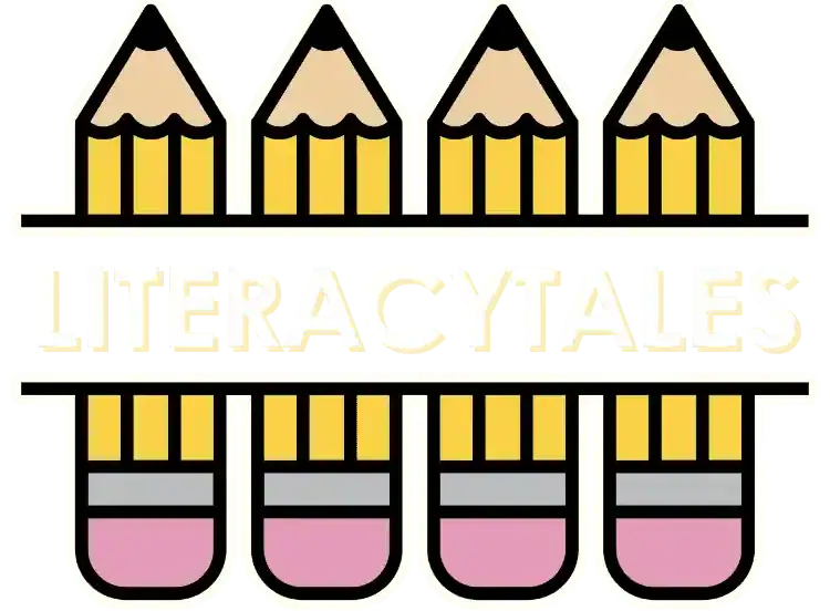 Literacy Tales logo featuring pencils and playful design elements.