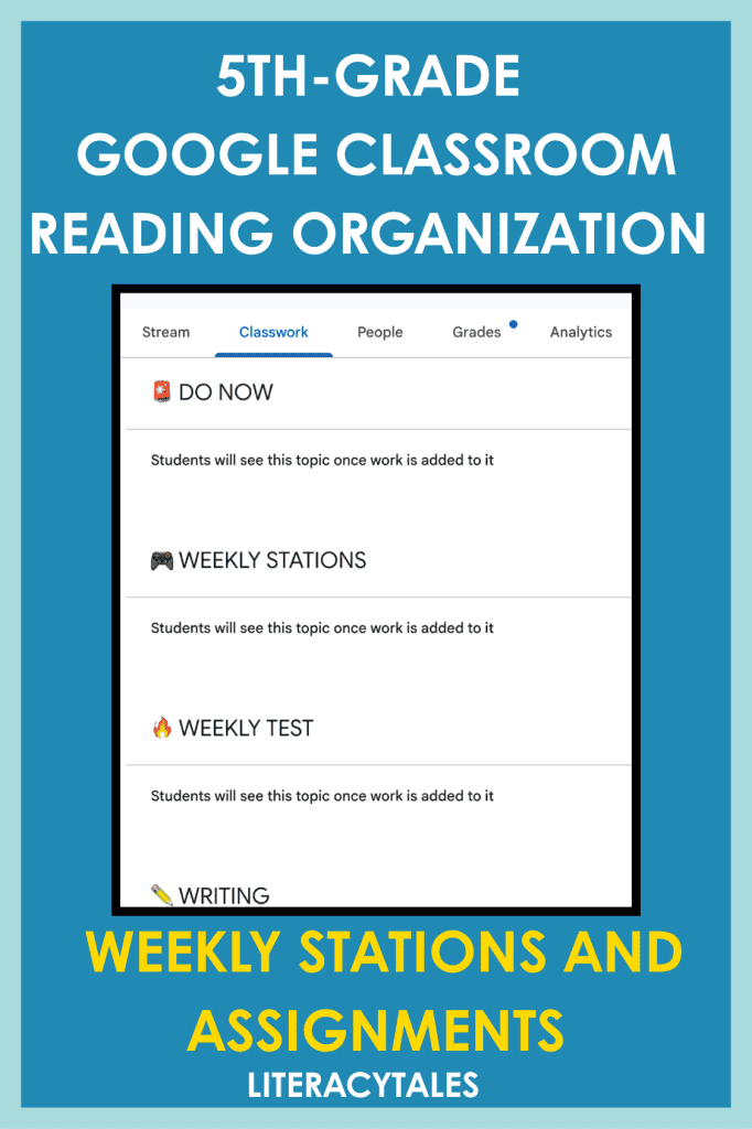 5th grade Google Classroom reading organization with weekly stations and assignments