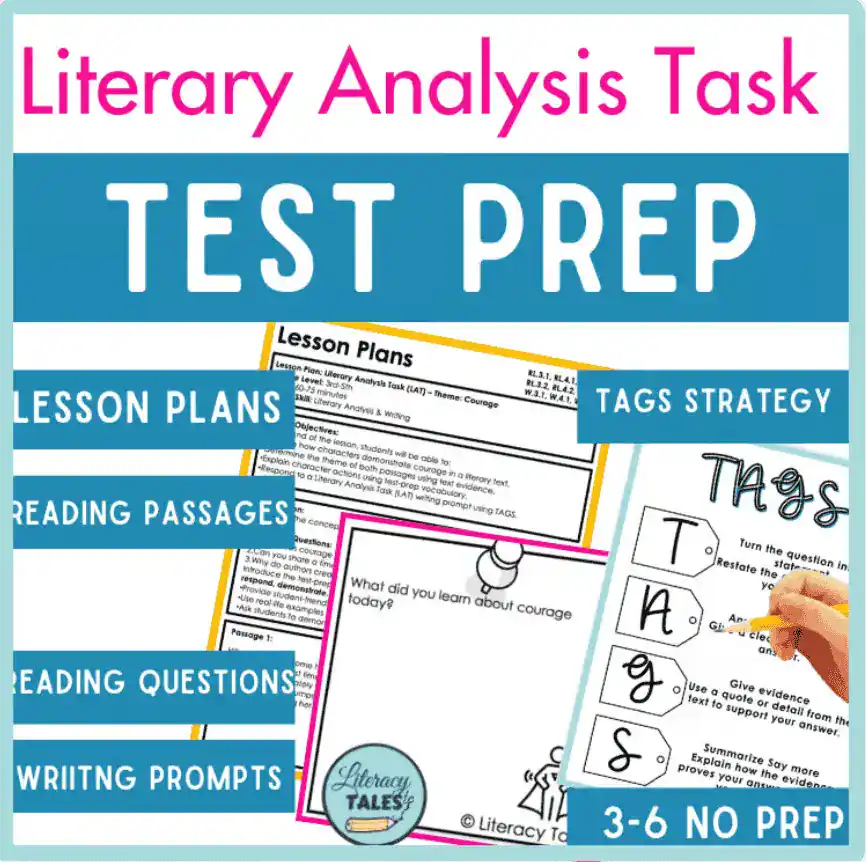 Literary analysis test prep resource with TAGS strategy, reading passages, questions, and writing prompts