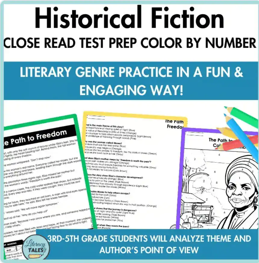 Historical fiction close reading resource for grades 3–5 with theme and author point of view practice