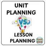 Blog cover graphic with the text “Unit planning vs lesson planning” and a lightbulb illustration representing instructional planning for teachers.