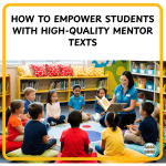 Engaged students listening to a teacher reading mentor texts in a colorful classroom.