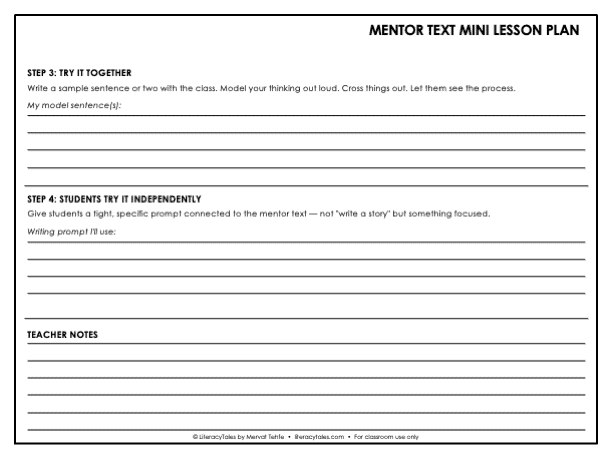 Mentor text response sheet for 3rd 4th and 5th grade writing with self assessment and craft move reflection