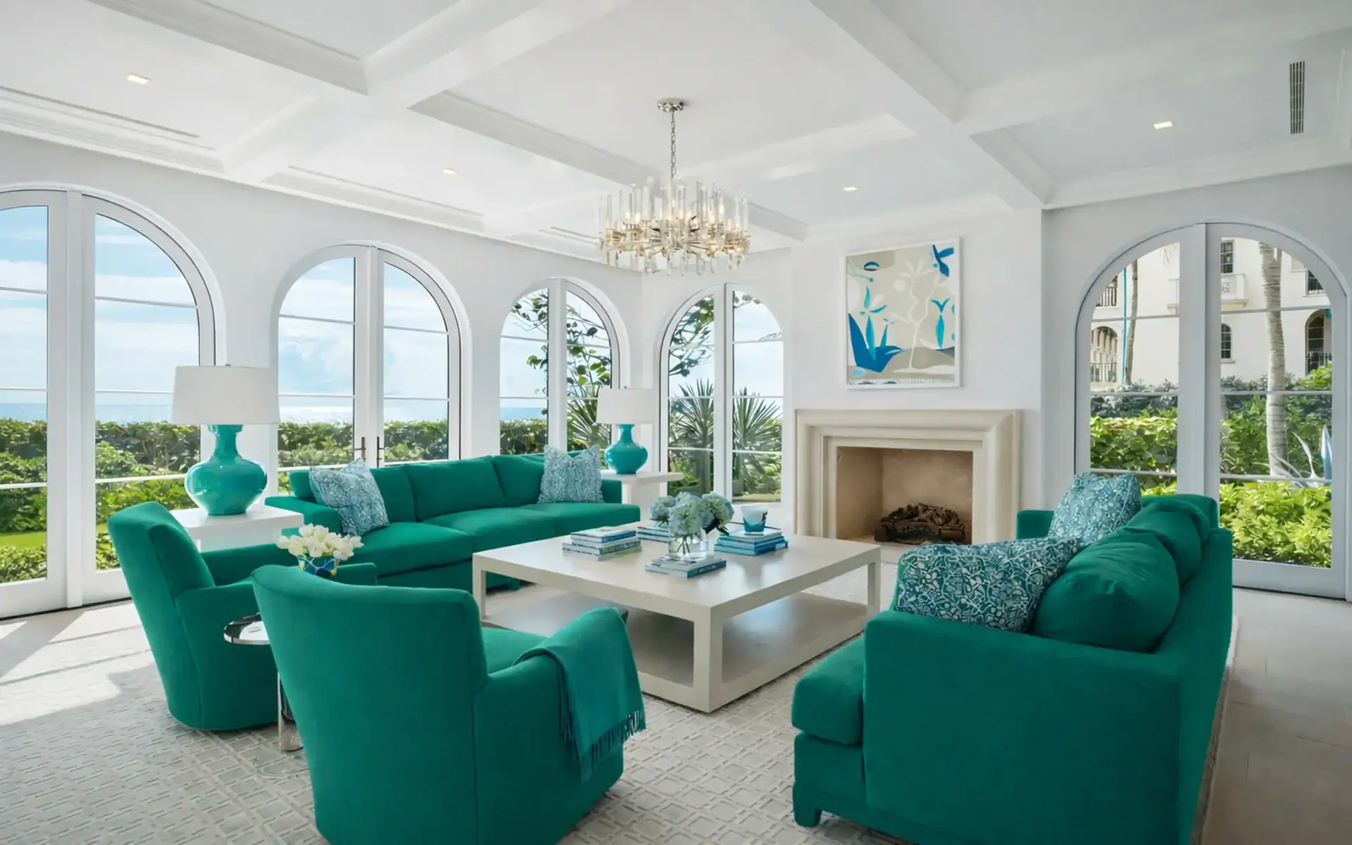 Bright beach-themed living room with turquoise furniture and ocean views.