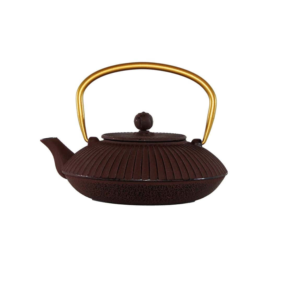 japanese style 800ml cast iron teapot maroon body with a gold handle