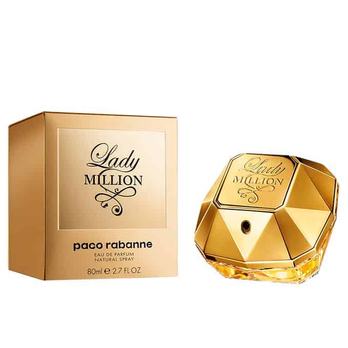 Parfum Lady Million Paco Rabanne, flacon or élégant, vaporisateur parfum femme riche et féminin.