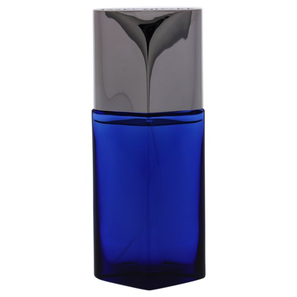 Vaporisateur de parfum avec bouchon en aluminium et bouteille en verre bleu foncé.