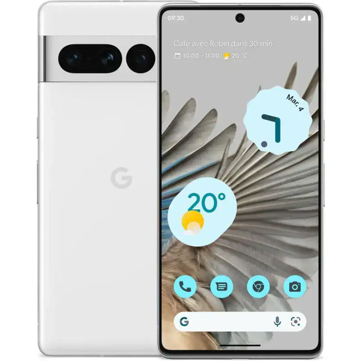 google-pixel-7-pro-128-go-blanc Smartphone Google Pixel 7 avec écran affichant la météo et des notifications.