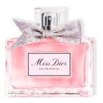 Miss Dior Eau de Parfum avec nœud coloré, flacon élégant, parfum féminin, luxe, beauté et mode.