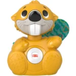 Peluche interactive personnage chien en peluche jaune avec balle multicolore.