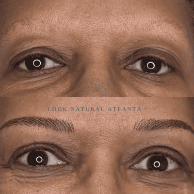 Before-and-after close-up of a woman's eyes and eyebrows; top shows natural brows, bottom shows sculpted brows, with the 'Look Natural Atlanta' logo between.