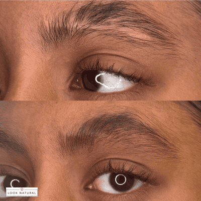 Two close-up views of a brown eye wearing a natural-looking contact lens, shown from two angles; 'Look Natural' logo visible.