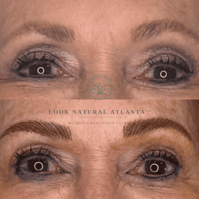 Before-and-after close-ups of a woman's eyes showing brow micropigmentation: top image with sparse brows, bottom image with defined, filled brows; logo between panels.
