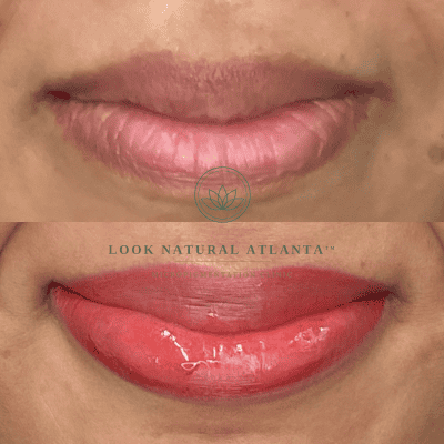 Before (top) and after (bottom) lip makeup: natural lips above, glossy red lipstick on bottom.