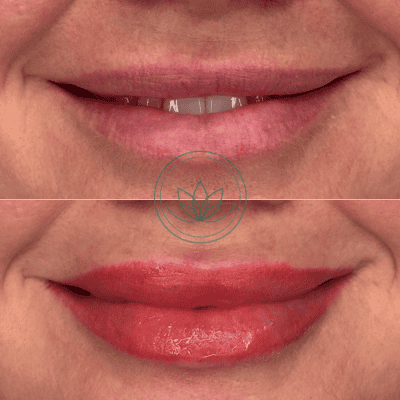 Two-panel before-and-after of a smile: the top image shows natural lips, the bottom image shows lips with glossy red lipstick.