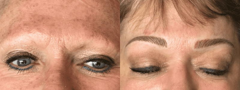 Before-and-after close-up of a woman's eyes: left natural sparse brows, right with fuller, tattooed brows and eyes closed.