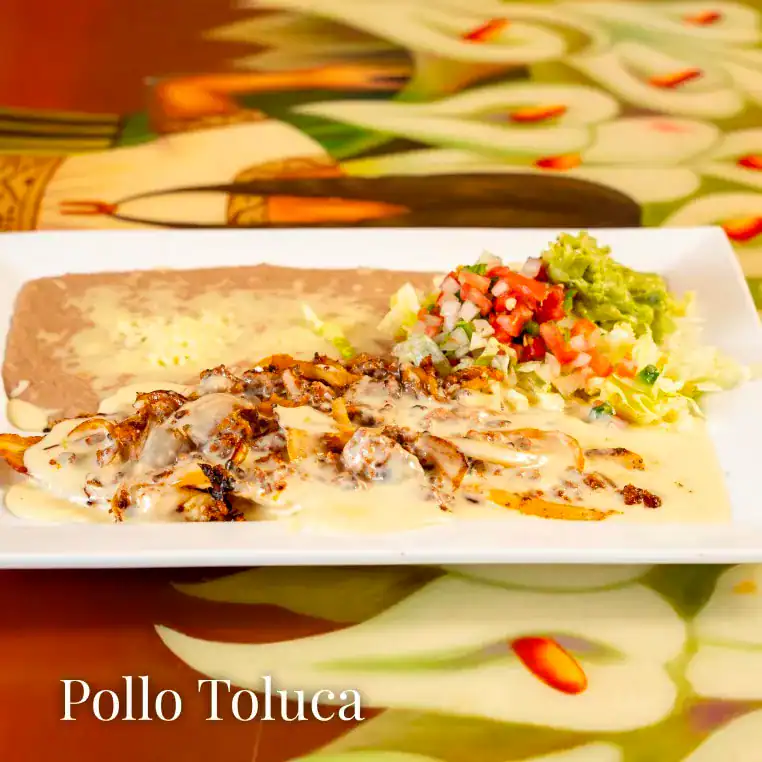 Pollo Toluca, a flavorful Mexican chicken dish served with rice, beans, and fresh salsa on a white p.