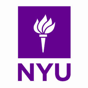Bright blue NYU logo with torch symbol representing New York University in a purple square.