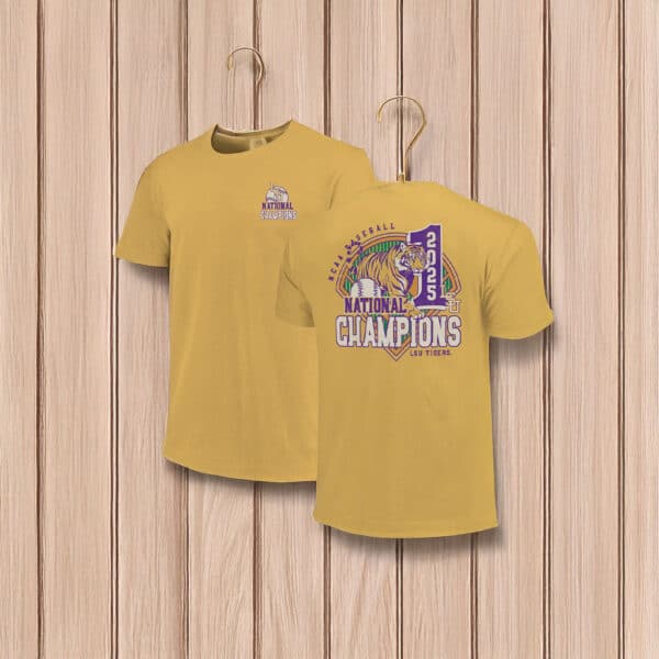 LSU Tigers 2025 National Champions Shirt – Gold NCAA Baseball Tee with Tiger Graphic