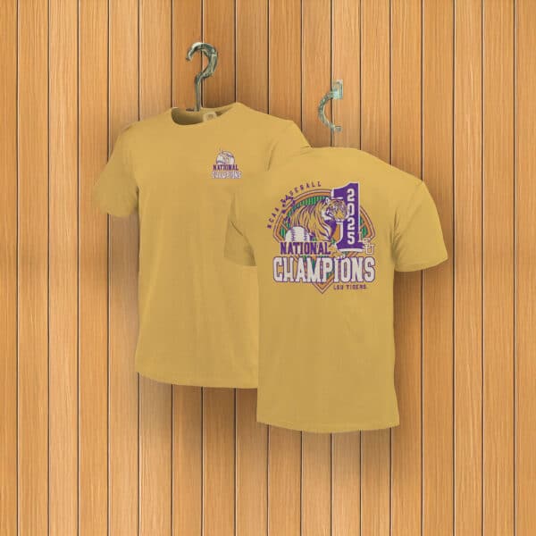 LSU Tigers 2025 National Champions Shirt – Gold NCAA Baseball Tee with Tiger Graphic