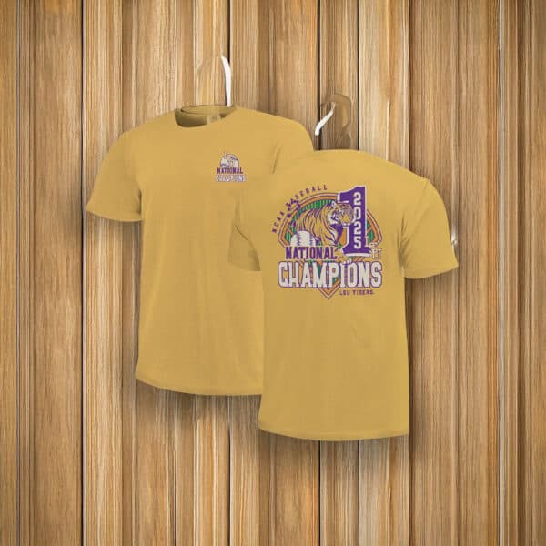 LSU Tigers 2025 National Champions Shirt – Gold NCAA Baseball Tee with Tiger Graphic