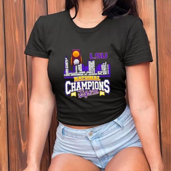 NCAA Baseball Skyline Design with Player Names, LSU Tigers 2025 National Champions Shirt