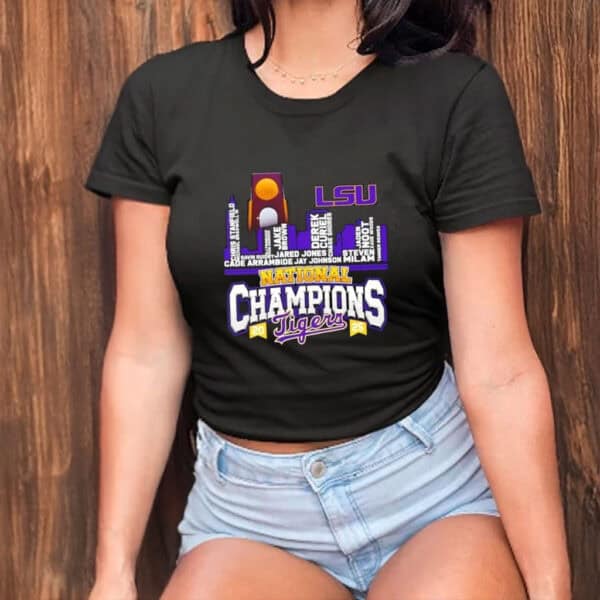 NCAA Baseball Skyline Design with Player Names, LSU Tigers 2025 National Champions Shirt