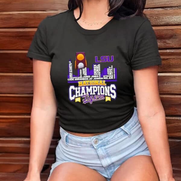 NCAA Baseball Skyline Design with Player Names, LSU Tigers 2025 National Champions Shirt