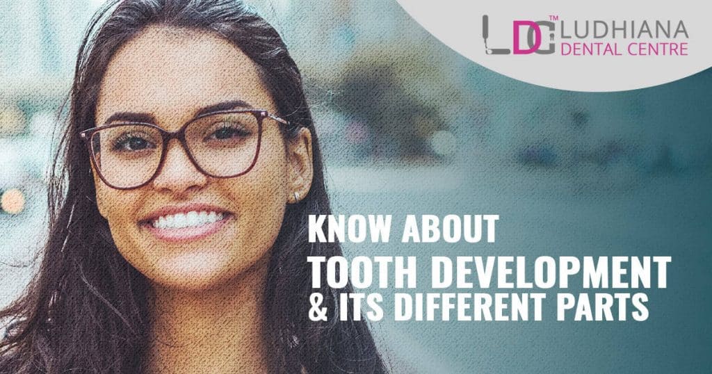 Healthy smiling woman with glasses, promoting dental health and tooth development at Ludhiana Dental Centre.