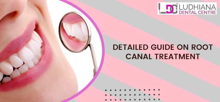 Bright smile with dental mirror showing teeth on pink background - Ludhiana Dental Centre.