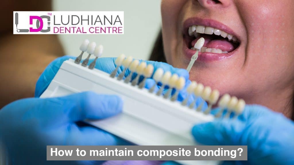 Bright woman getting dental composite bonding color matching at Ludhiana Dental Centre.