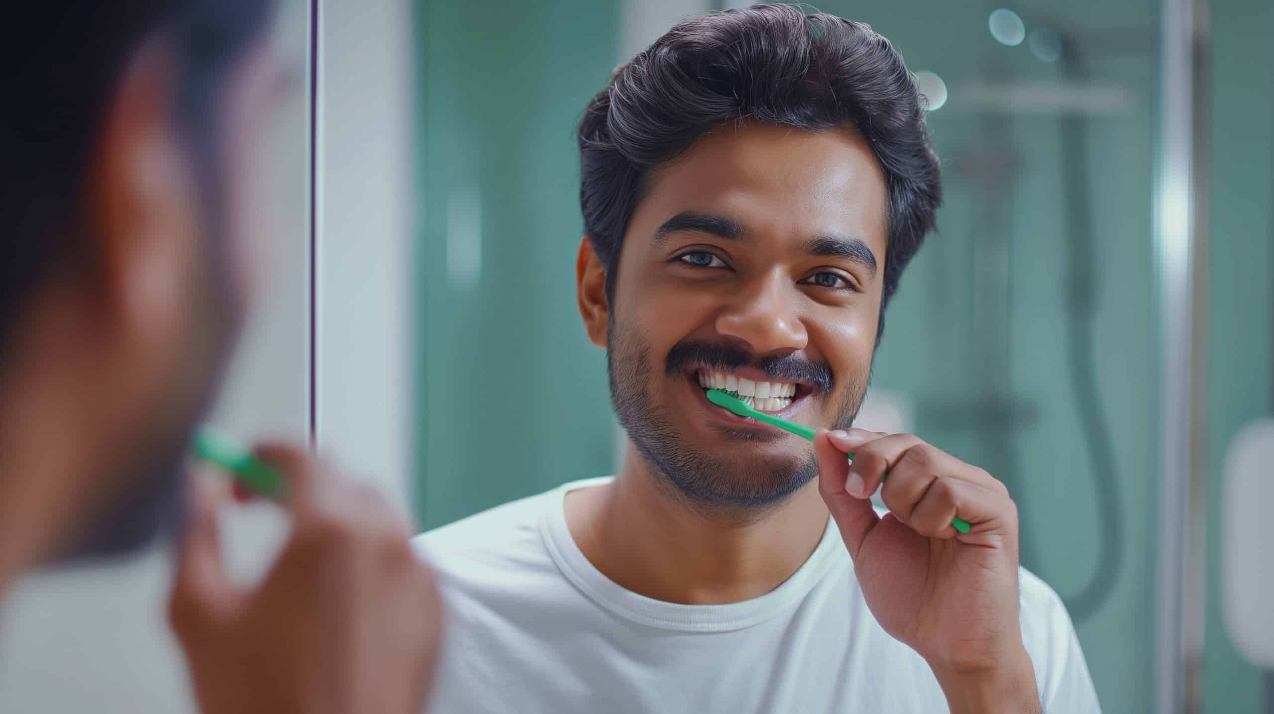 Bright smiling man brushing teeth, promoting oral hygiene care at Ludhiana Dental Centre.