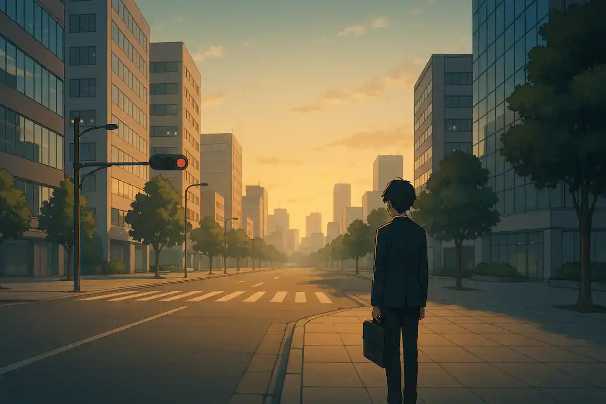 朝の都会の静けさと通勤前の不安を描いたアニメ風風景。適応障害に悩む人の心理を象徴