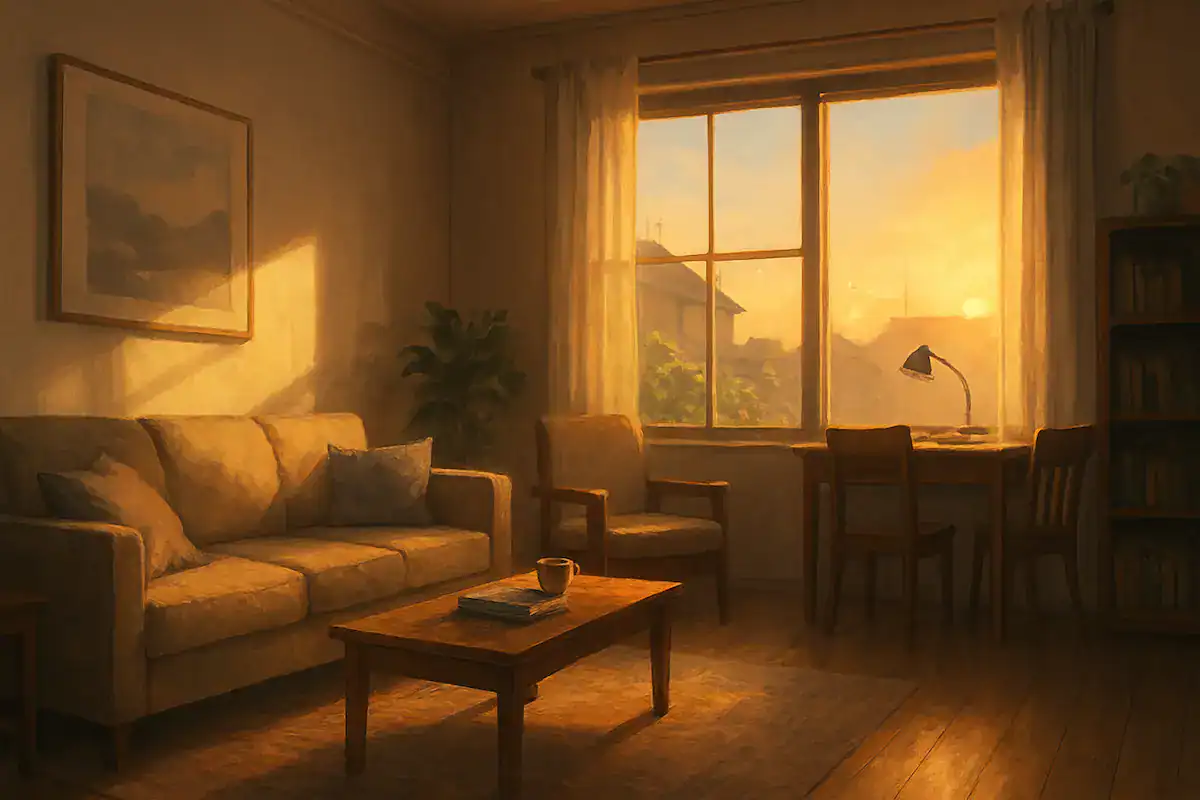 大人のうつや不安症の早期サインをイメージした、朝の光が差し込む静かなリビングの風景