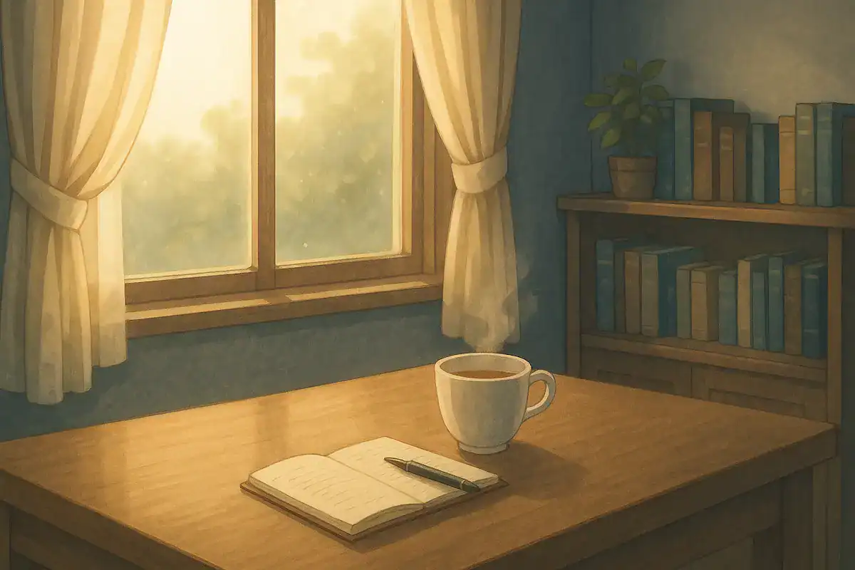 朝の光が差し込む静かな部屋を描いたアニメ風イラスト。軽症うつ病の落ち込みと回復のイメージをやさしく表現。