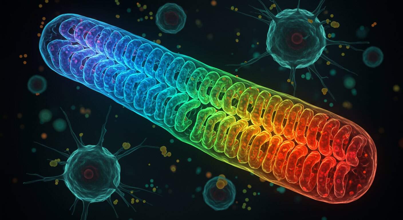 ミトコンドリアの構造を示すカラフルなイメージ|mRNA医薬による精神疾患治療の革新と細胞エネルギーの関係を示唆