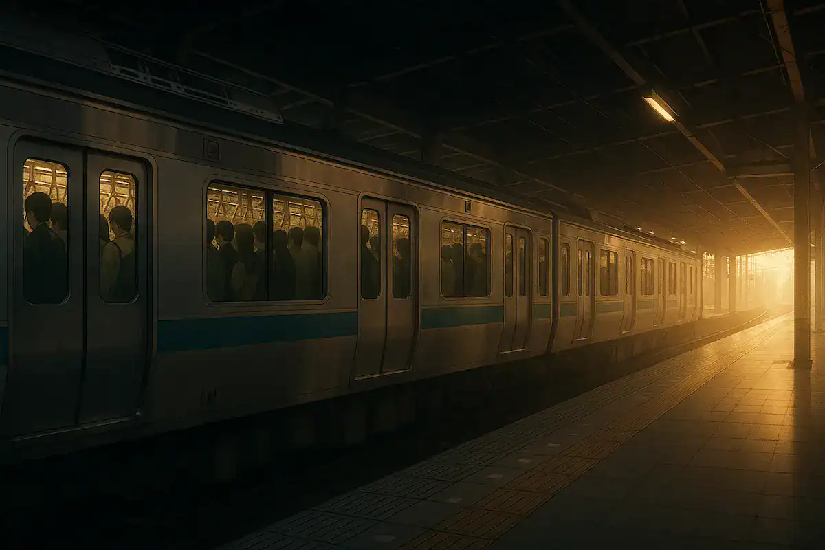 通勤電車での不安や動悸をイメージした、満員電車と朝の駅ホームのアニメ風風景