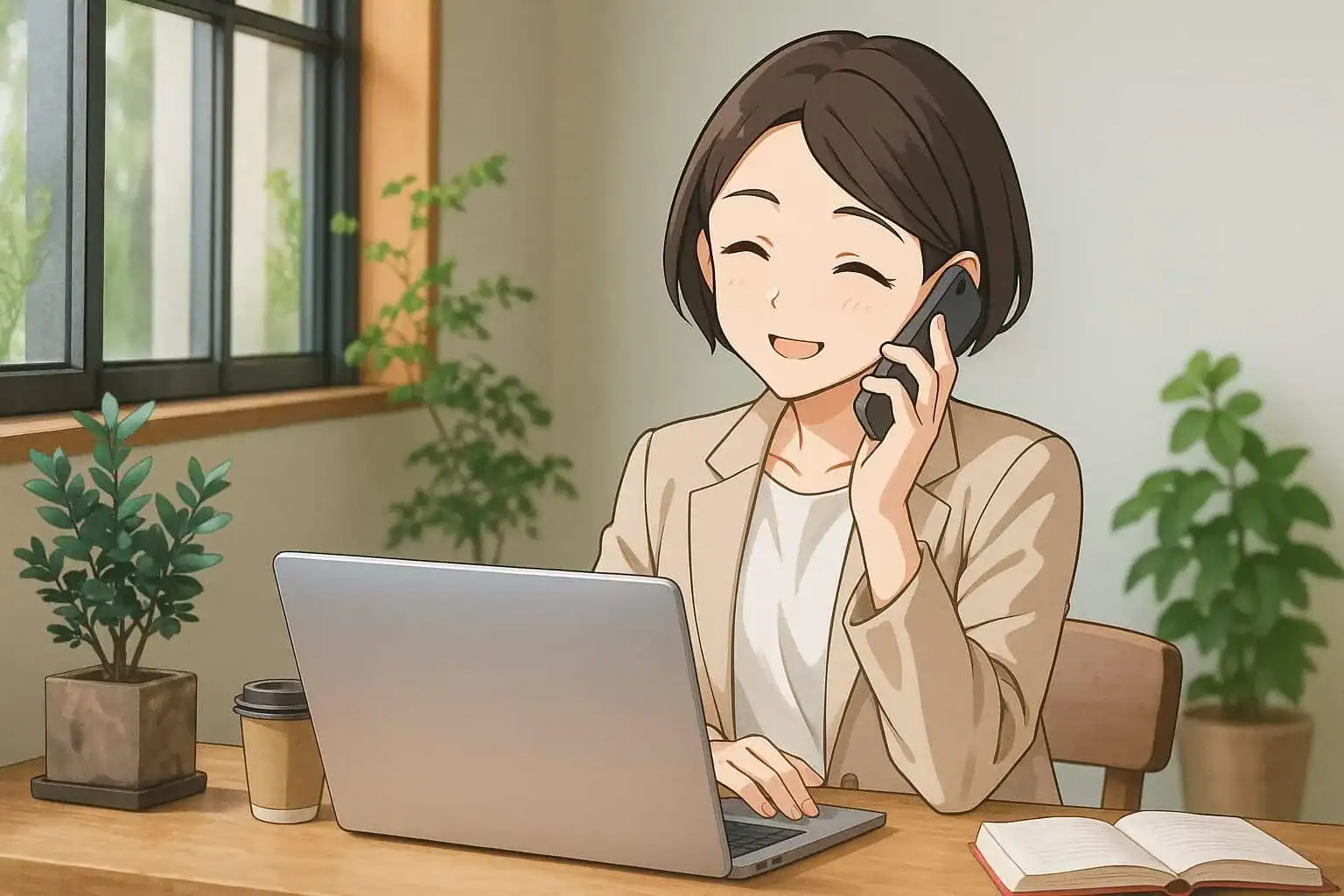 A woman sitting at a desk with a laptop and talking on the phone.