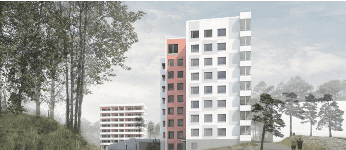 Moderni kerrostalo, LVI-suunnittelun referenssi, korkealaatuinen arkkitehtuuri.
