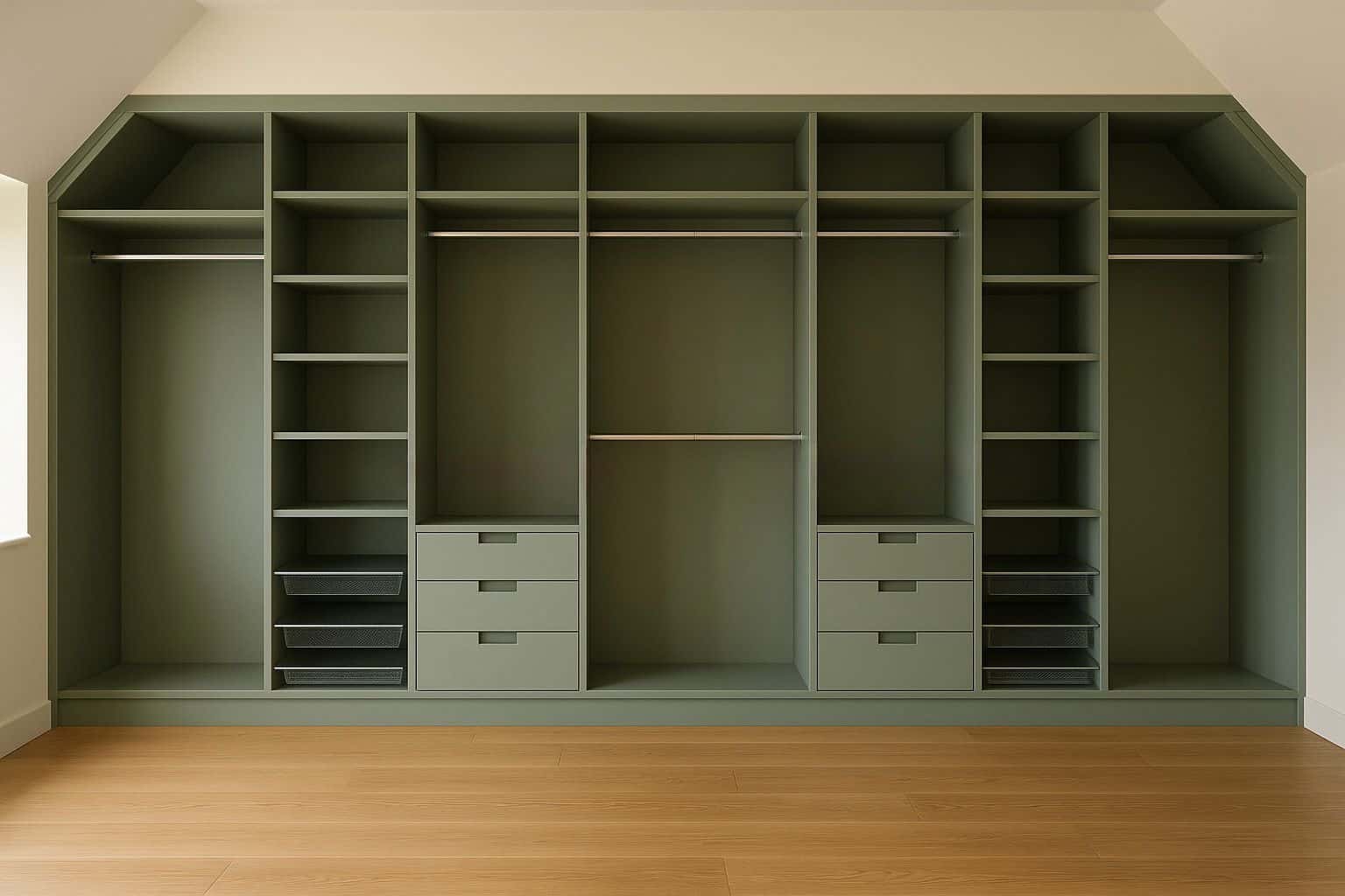 Custom-built wardrobe with multiple compartments and drawers for optimal storage.