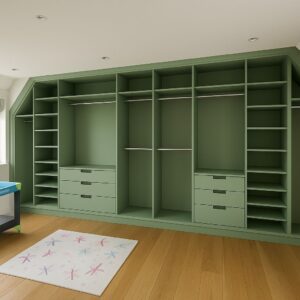 Custom green wardrobe with multiple shelves and drawers for organised storage.