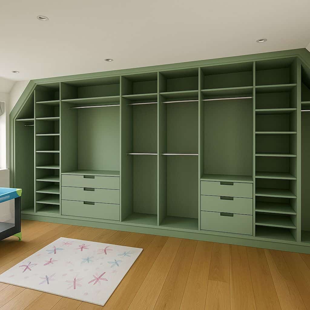 Custom green wardrobe with multiple shelves and drawers for organised storage.