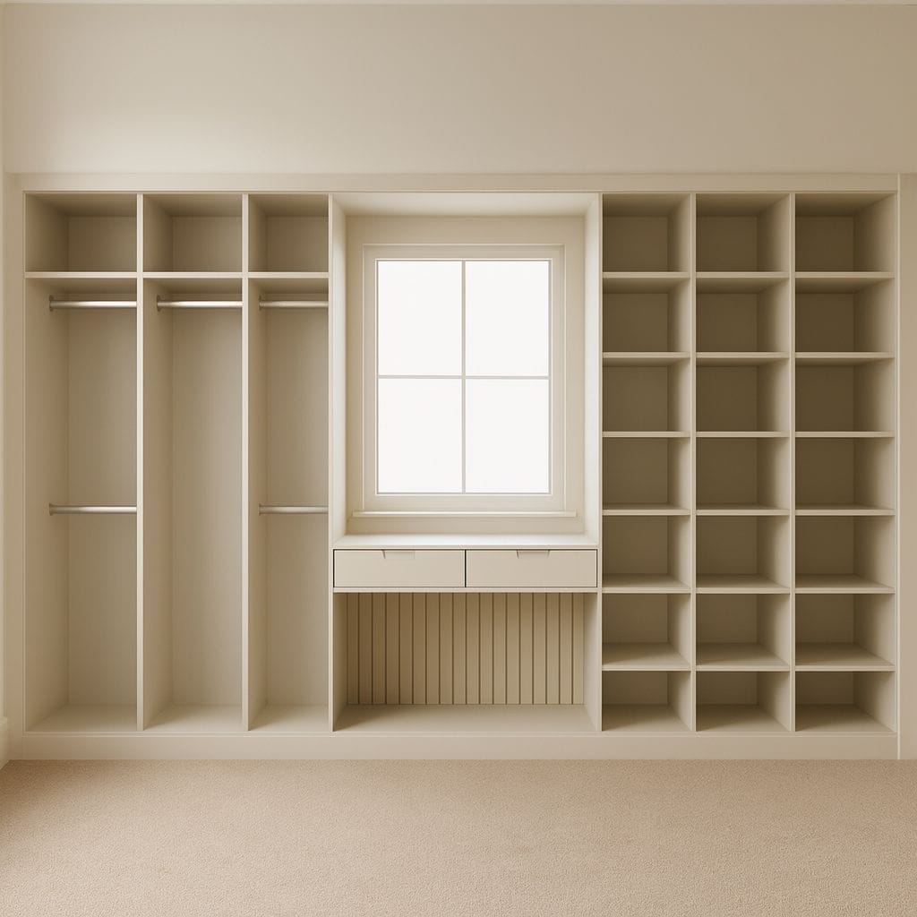 Custom built wardrobe with window and storage drawers for organised space.