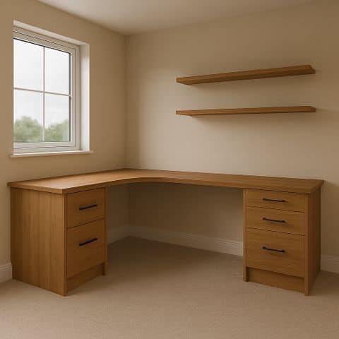 Custom wooden desk with drawers and wall shelves in a minimalist home office.
