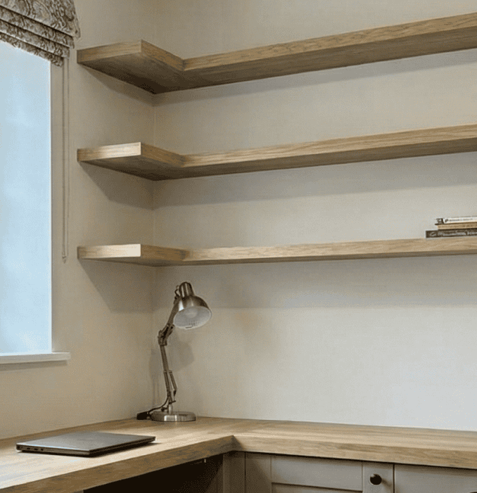 Custom wooden shelves for modern home office storage solutions.
